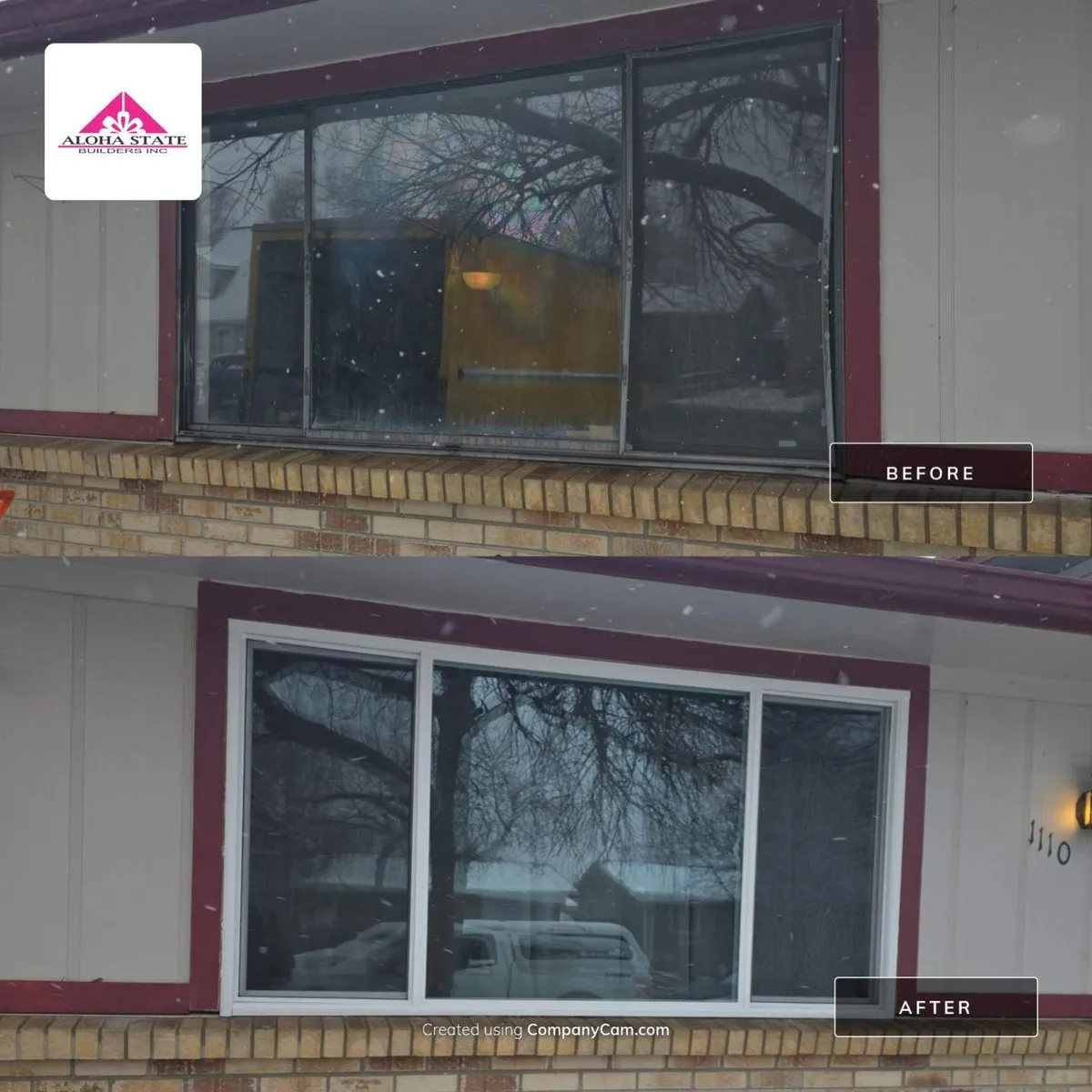 Before and after of a front sliding window on a Fort Lupton home, replaced with a white vinyl slider