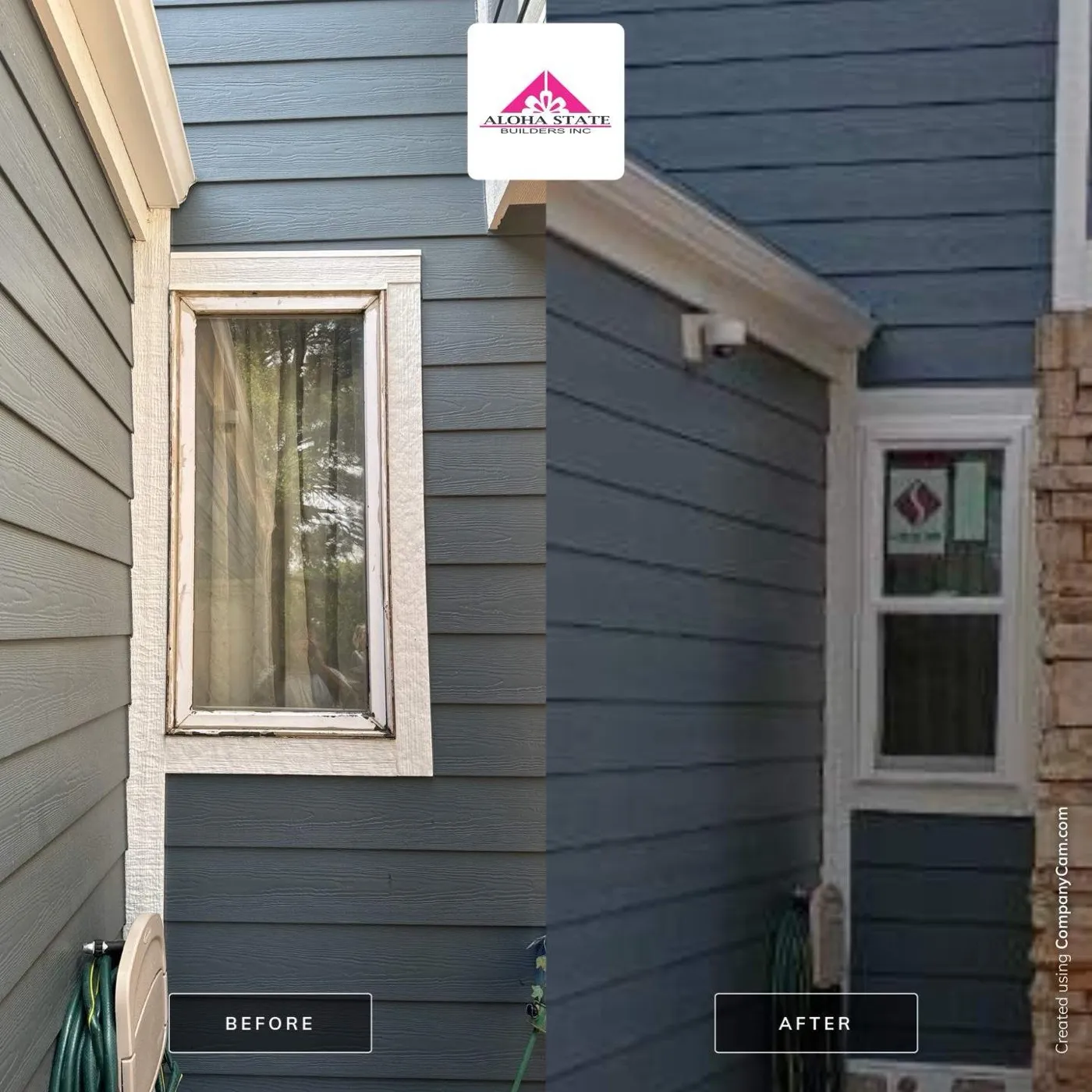 Before and after of a side window on a Franktown home with new white trim