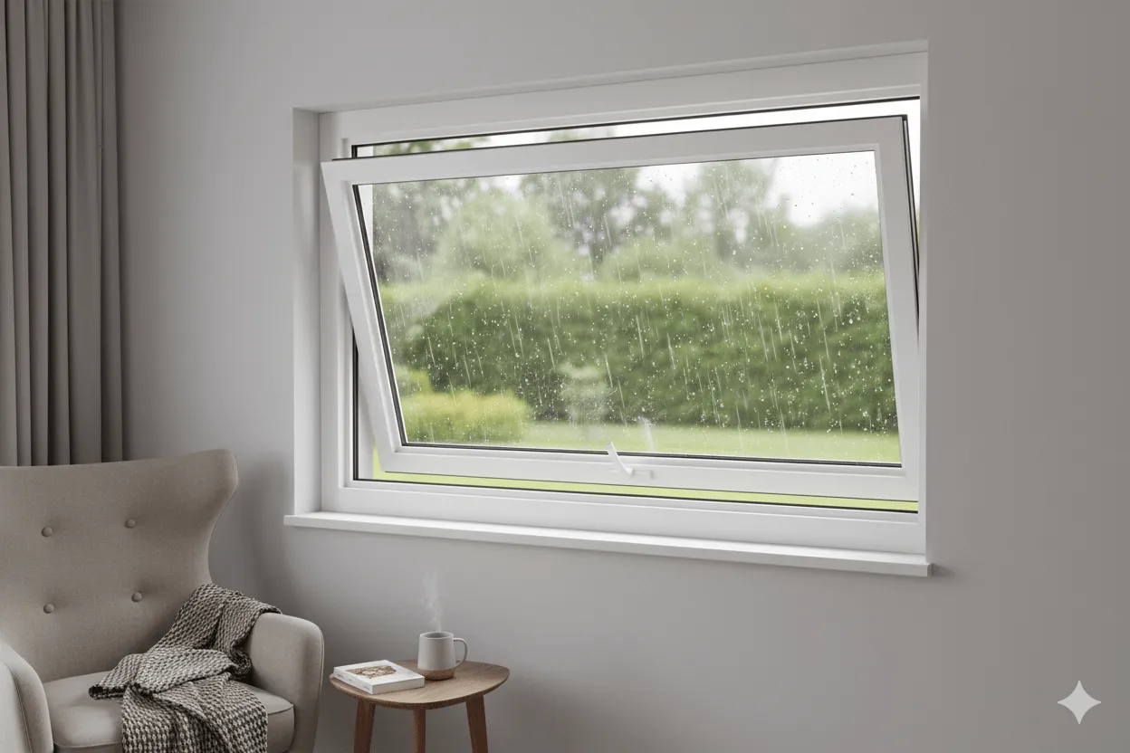 Awning window installed high on an interior wall