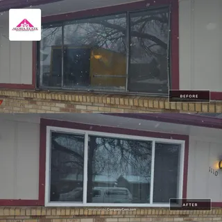 Before and after of a front sliding window on a Fort Lupton home, replaced with a white vinyl slider