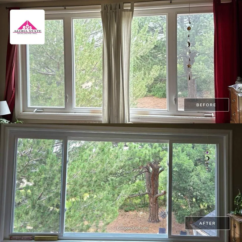 Before and after of a living room window in Franktown replaced with a wide three-panel picture window
